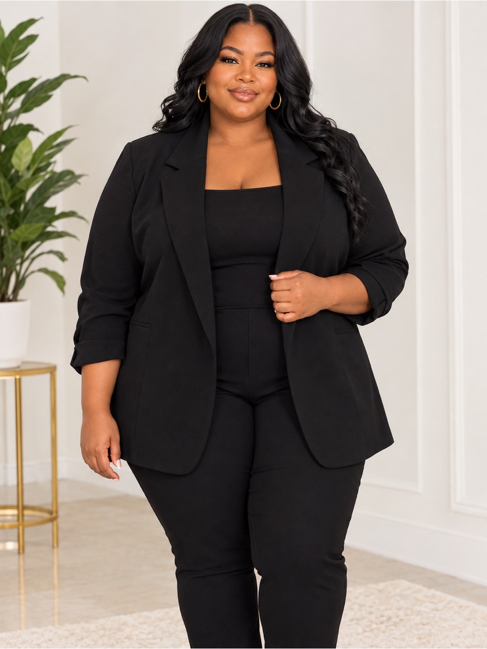 Plus Size Black 3/4 Sleeve Blazer